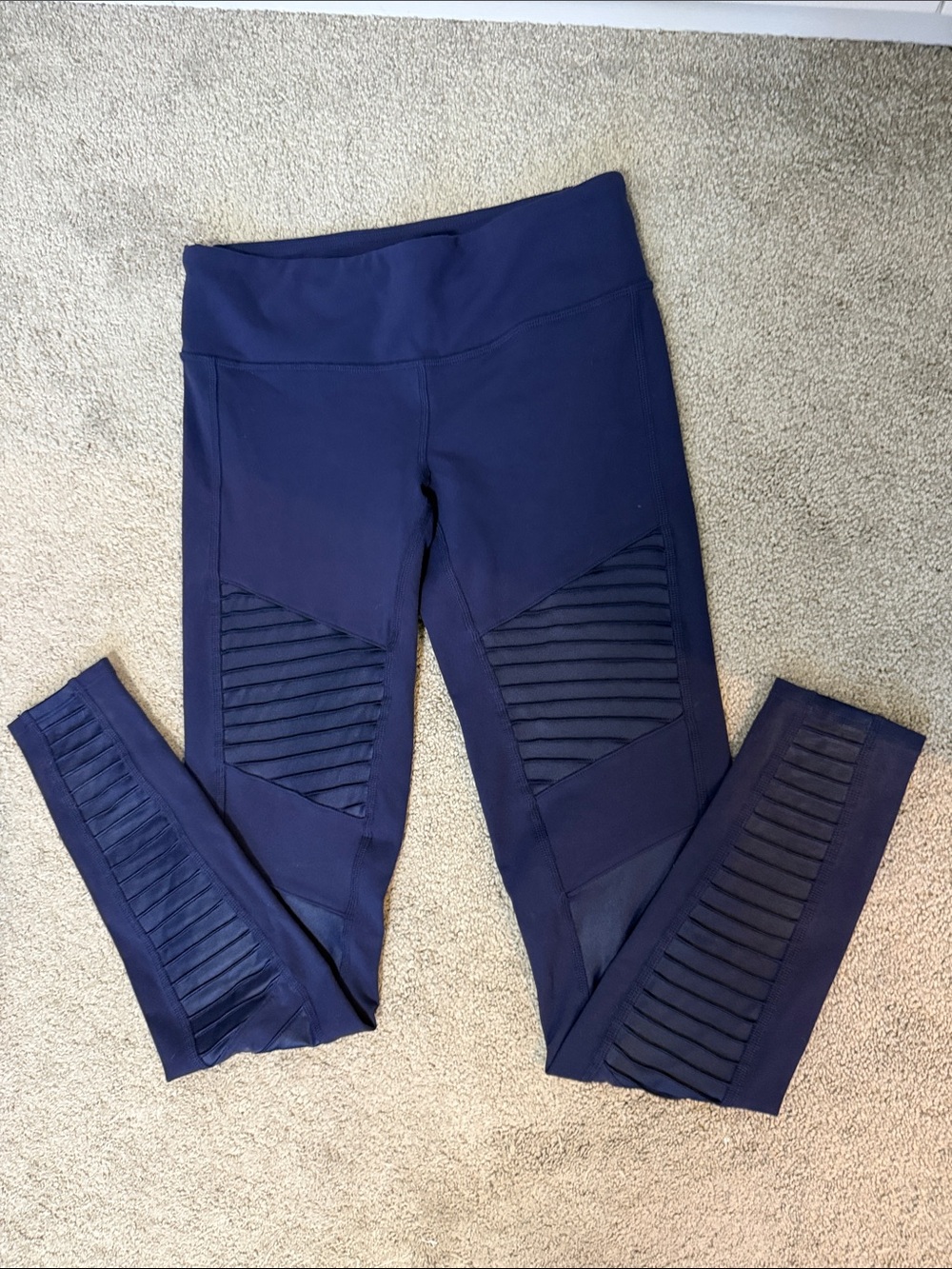 ALO Yoga Navy Moto Ribbed-Panel Performance Leggings